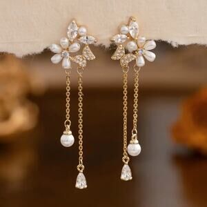 Freshwater Pearl Bridal Drop Earrings – Floral Gold Dangle Wedding Earrings